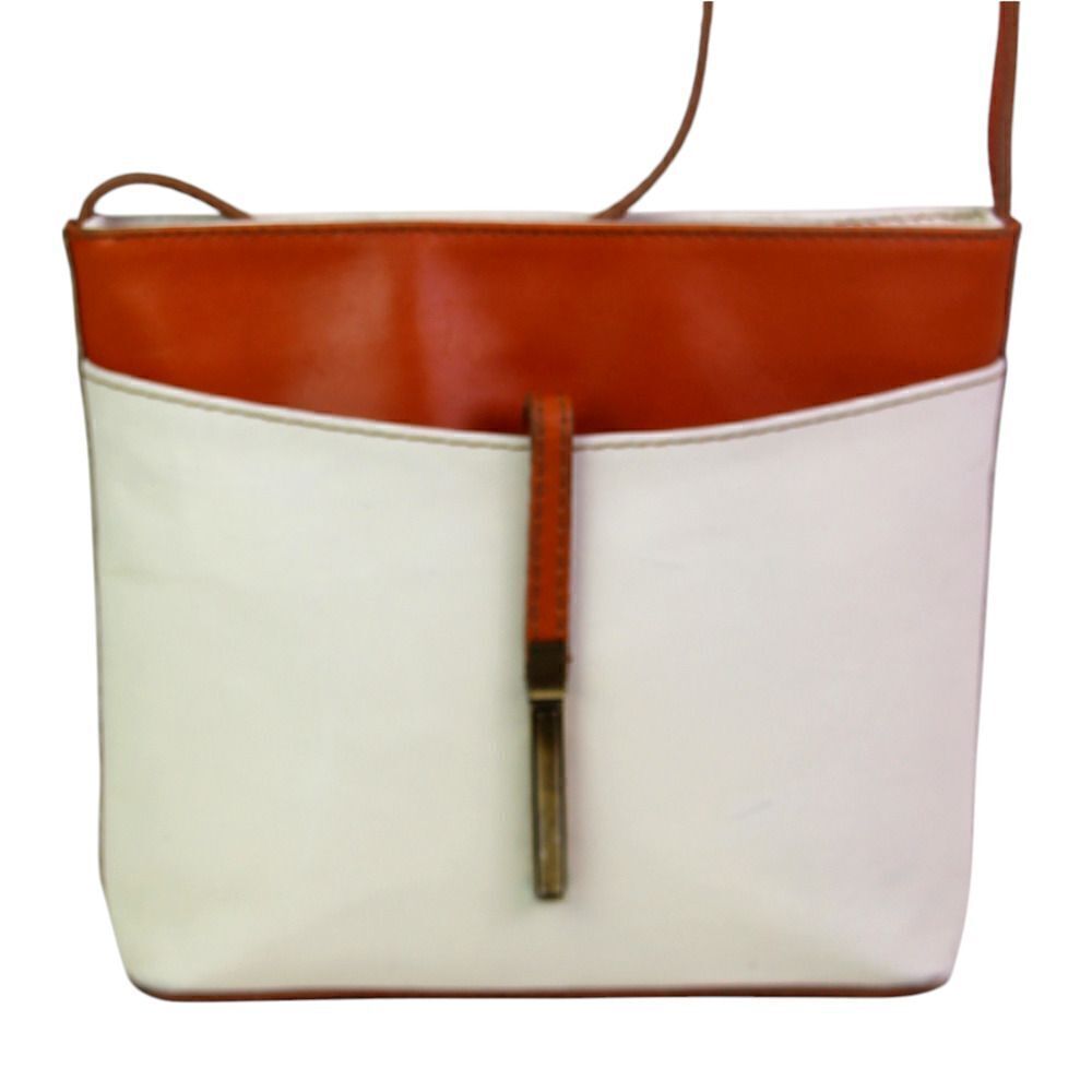 Borse in Pelle WHITE GENUINE LEATHER BROWN TRIM ZIP X-BODY SHOULDER BAG HANDBAG